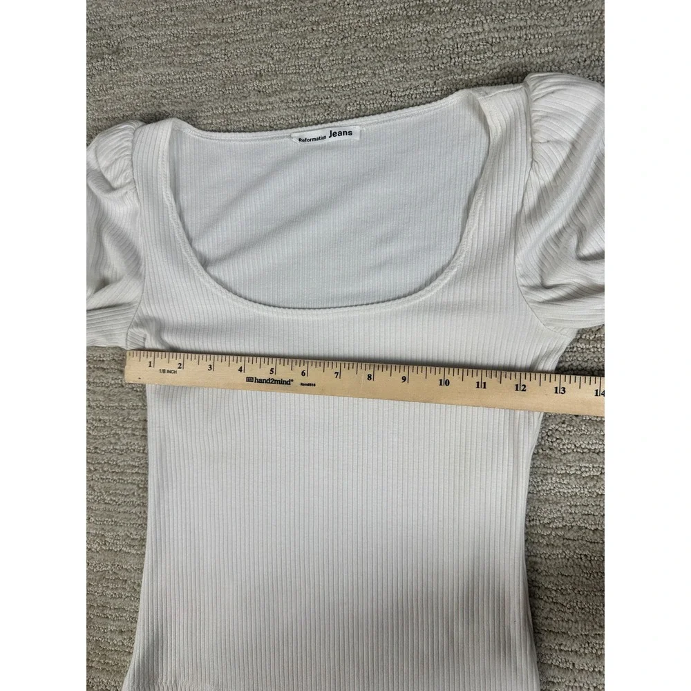 Reformation Jeans White Ribbed Scoop Neck Puff Sleeve Top XS